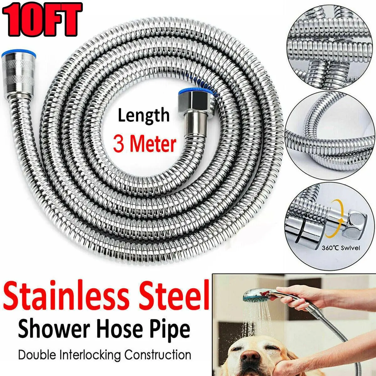 3 m / 118" Shower Water Hose Shower Head Stainless Steel Flexible Replacement Hose