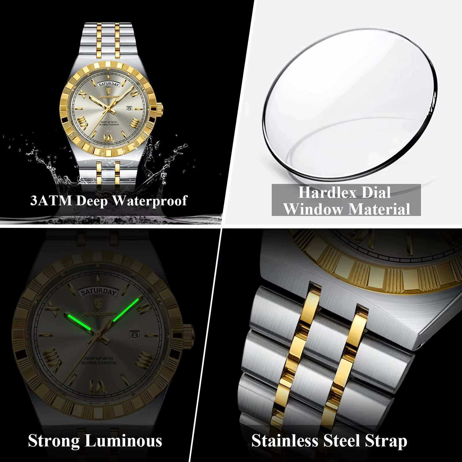 POEDAGAR Fashion Quartz Watches For Men Waterproof Luminous Week Date Man Watch Stainless Steel Men's Exquisite Wristwatch Reloj