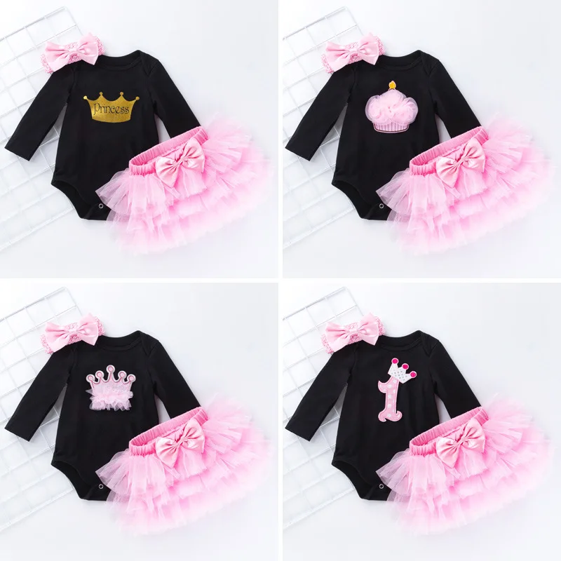 Outono roupas infantis bebê menina aniversário manga longa dos desenhos animados festival macacão rosa saia de seis camadas conjunto de três peças atacado