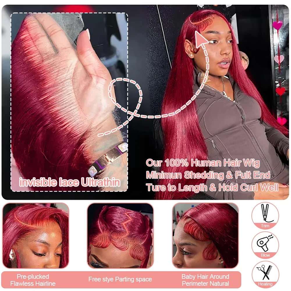 30 بوصة بورجوندي 13x4 HD الدانتيل أمامي شعر طبيعي مفرود الباروكات قبل قطعها البرازيلي 99j Hd الدانتيل شعر مستعار أمامي 13x4 باروكة من شعر طبيعي