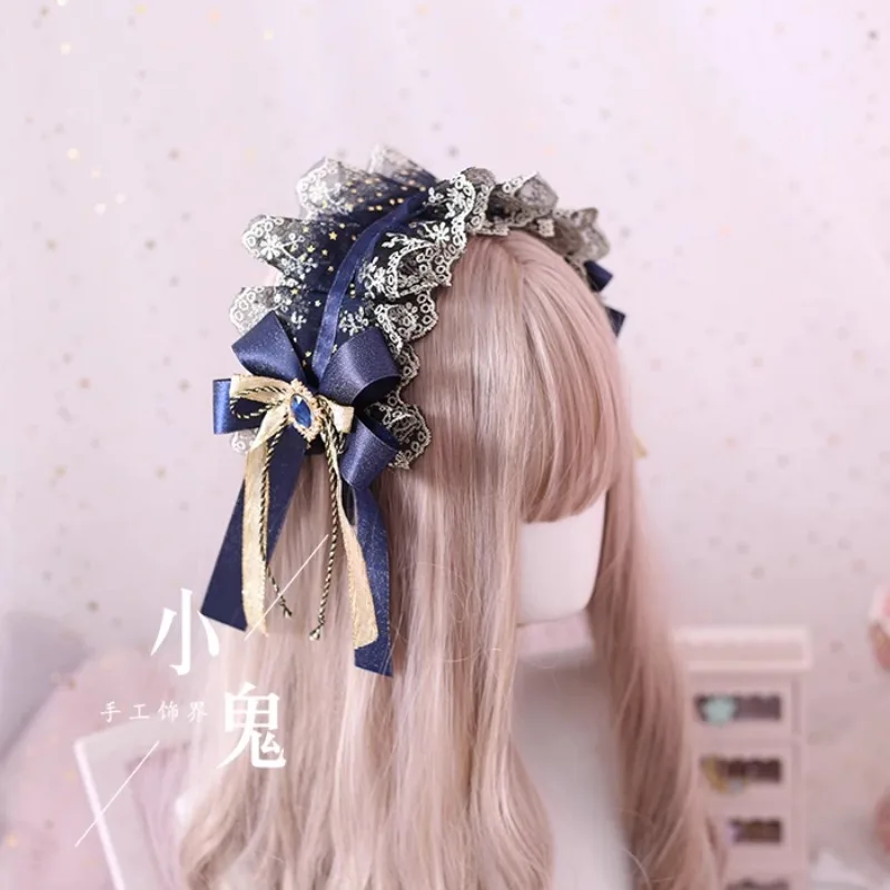 Ribbon Bow Hairband with Hairpins Girls Lolita Lace Ruffled Headband Sweet Embroidery Anime Maid Cosplay Headdress