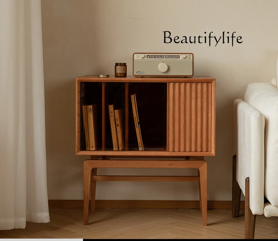 Retro Nordic Storage Cabinet Solid Wood Glass Bookcase Small Apartment Storage Magazine Cabinet