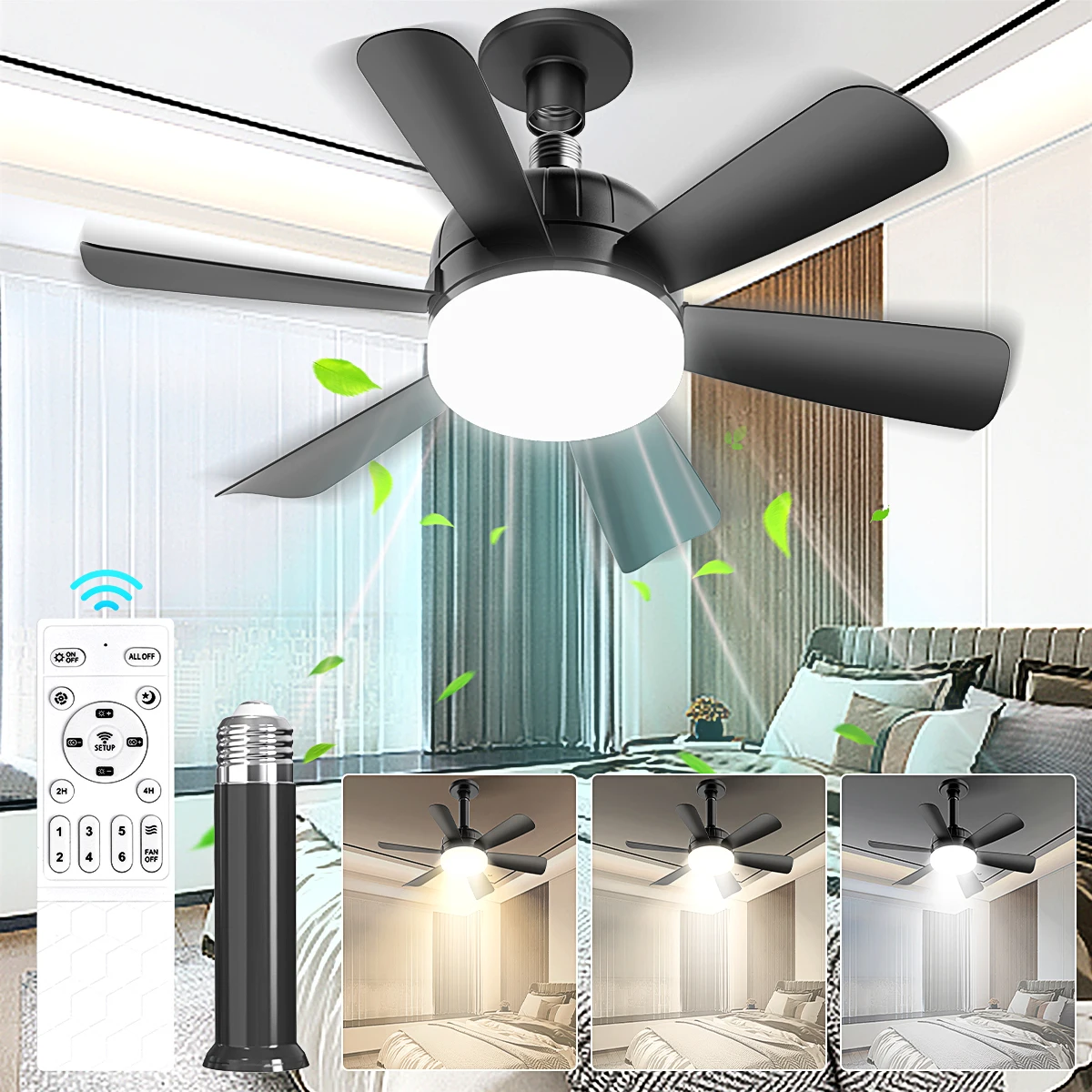 

E27 Six-Blade Fan Light,Socket Ceiling Fan Light with Remote & APP Control, Small Ceiling Fans 6 Speeds and 3 Lighting Modes