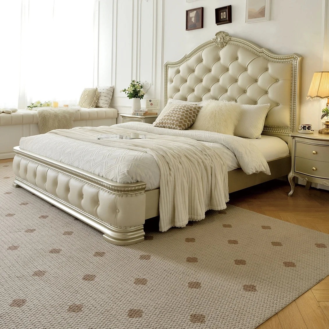 

#Modern French luxury cream queen bed with simple princess style solid wood panels, bedroom double bed, master bedroom