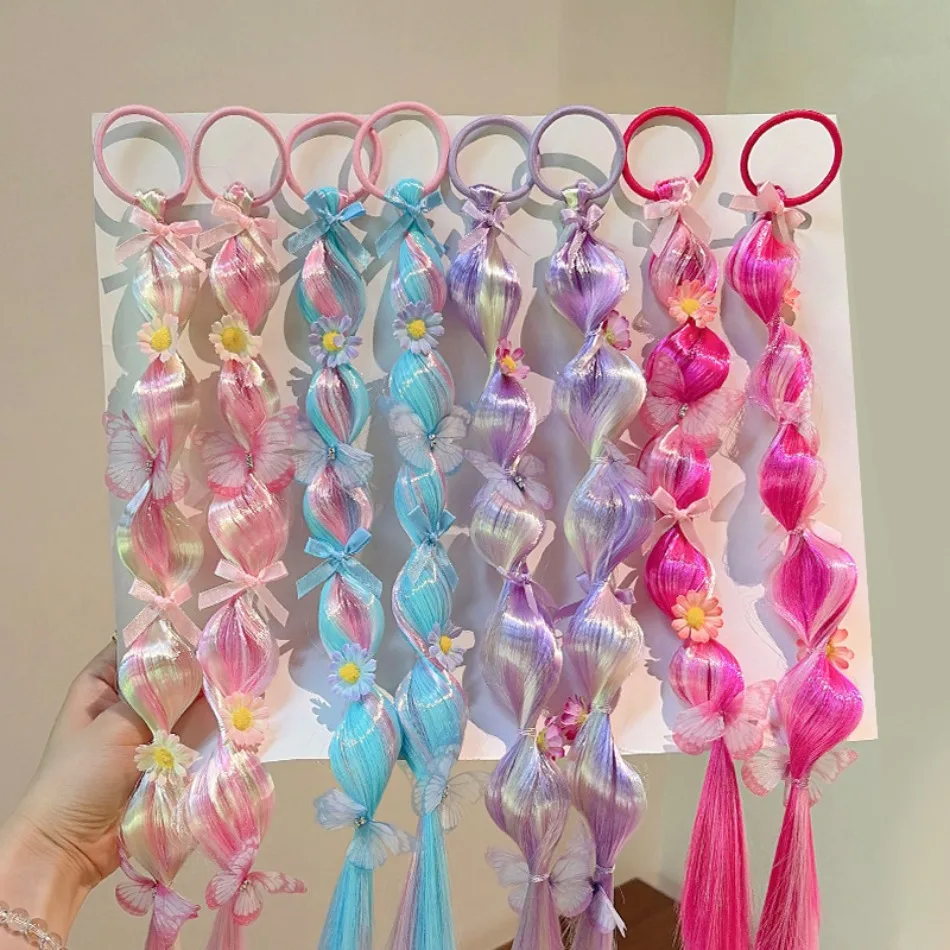 Children Colorful Wigs Rubber Bands Girls Sweet Flowers Butterfly Bubble Long Braided Hair Ropes Headbands Do Not Hurt Hair HP01