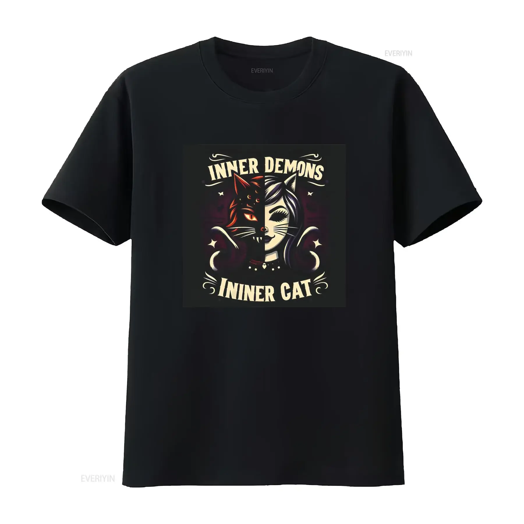 T-shirt Halloween Chat, thème Santé Mentale Démon Intérieur, en Coton Épais, pour Amateurs, Vintage, Délavé, Polyvalent, Légèrement Extensible, Style Homme, Décontracté