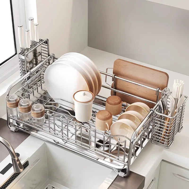 Stainless Steel Dish Drying Rack Heavy Duty Sink Utensil Holder Rustproof Kitchen Storage Organizer for Bowls Plates Cutlery Hot