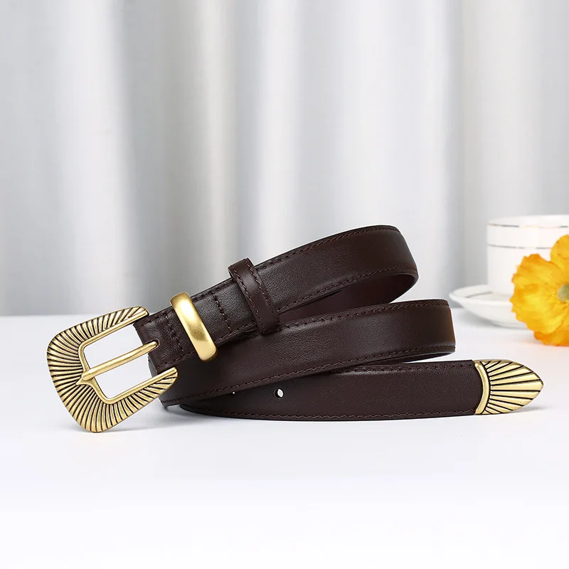 Fashionable Trendy Buckle Genuine Leather Belt for Women Matches Skirts Pants Coats Decorative Versatile Casual Waist Belt