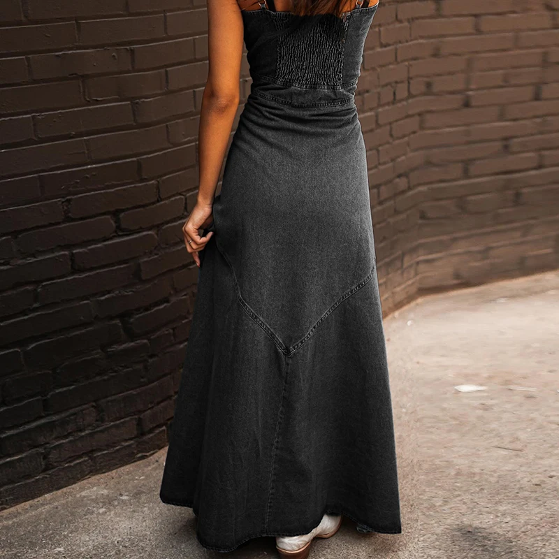 Vintage Casual Solid Cloth Denim Dress Women Spring Single Breasted Split Long Dress Summer Sleeveless Straps Cowboy Party Dress
