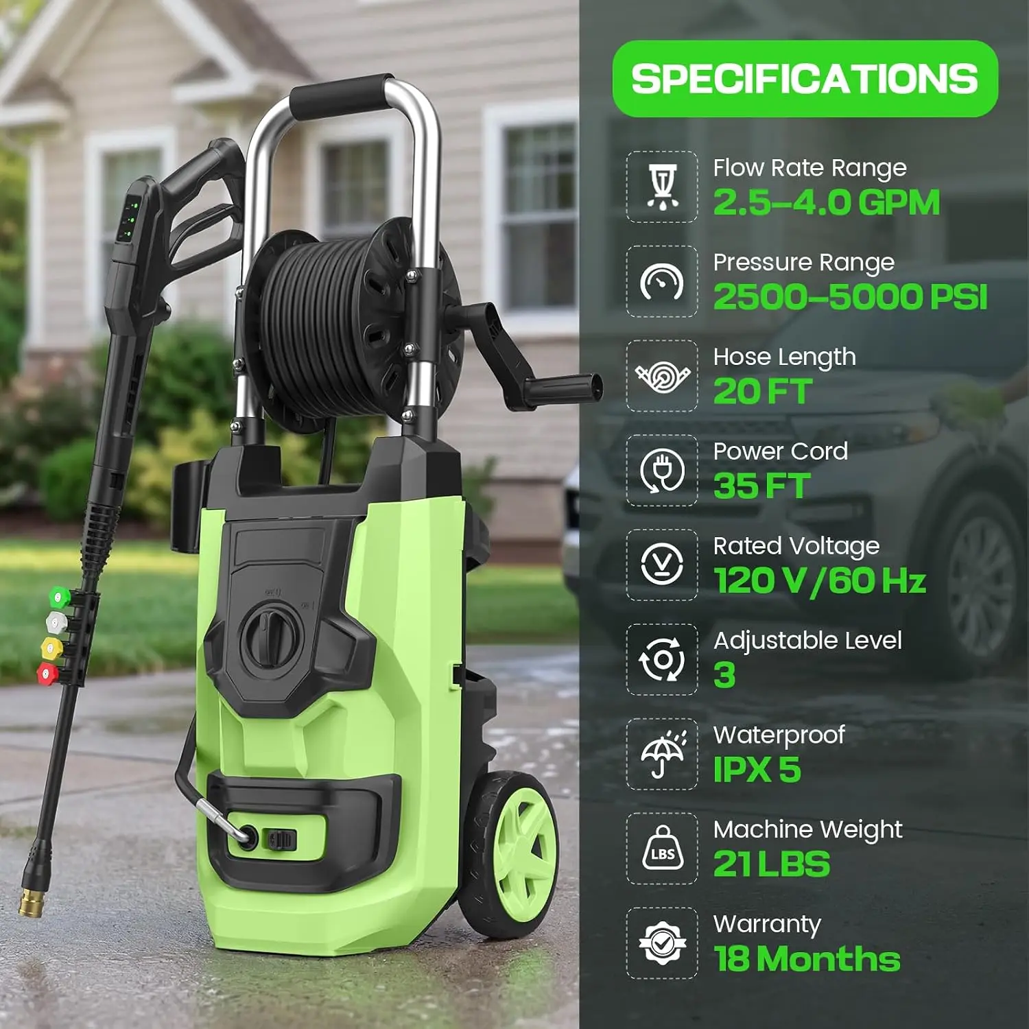 5000PSI  Pressure Washer 3-Level Adjustable  Portable Pull Handle 4 Nozzles Foam Cannon