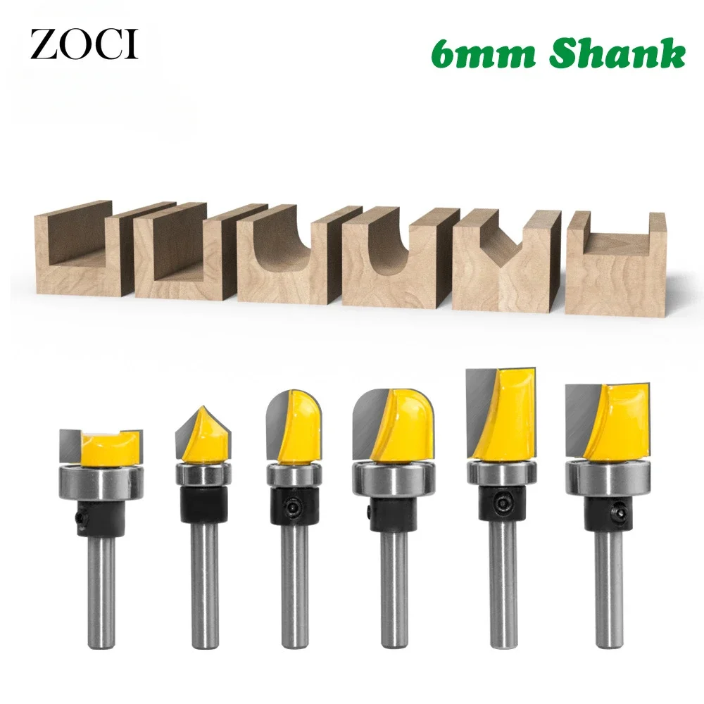 6mm Shank Slotting Cutter Router Bit 1/2 3/4 Round Nose V Shape Milling Cutter with Bearing for Woodworking Cleaning Bottom Bit