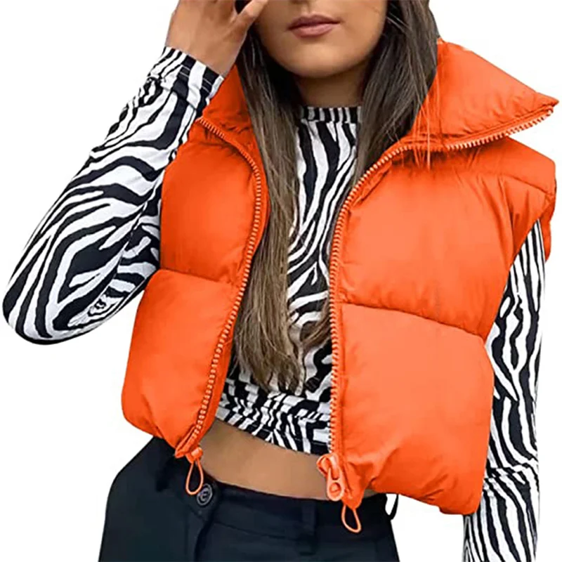 Women Winter Warm Solid Color Crop Waistcoat Sleeveless Stand Collar Double Sided Lightweight Puffer Vest 2022 Streetwear