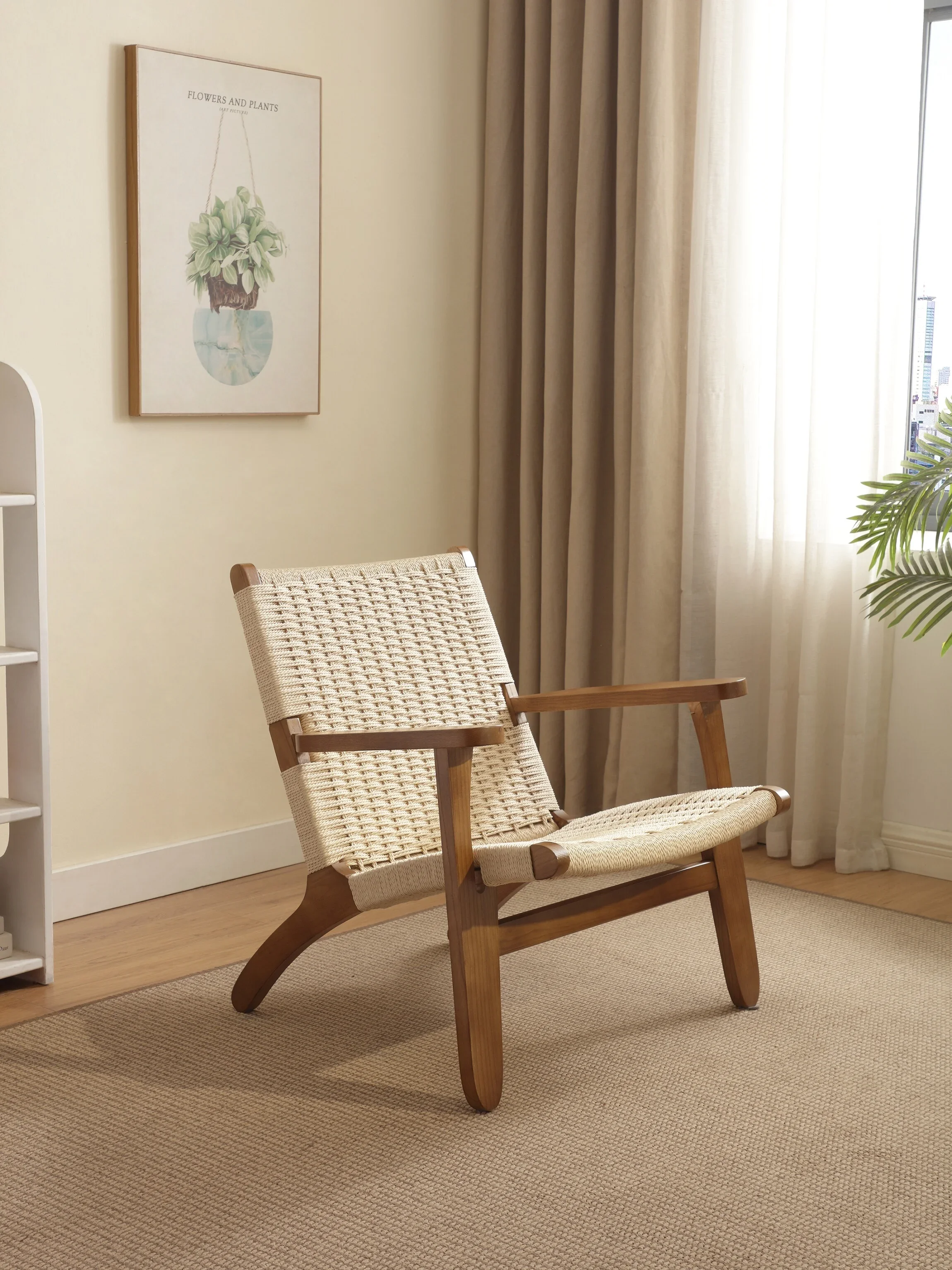 

Rope-woven solid wood single sofa chair Nordic balcony leisure chair Japanese-style wabi-**** wind small apartment backrest lazy