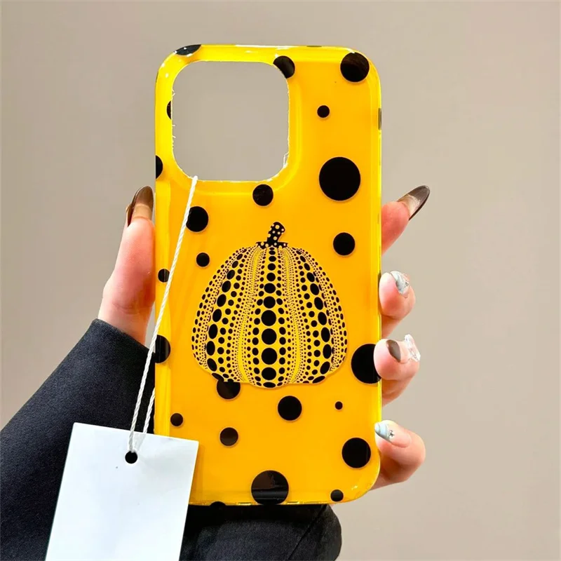 Transparente schwarze Polka Dot-Kürbis-Handyhülle mit großem Loch für iPhone 11, 12, 13, 14, 15, 16 Pro Max – Detail 1