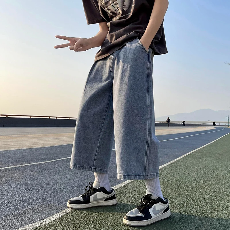 High Quality New Summer Men's Cropped Jeans Loose Straight Leg Casual Versatile Blue Grey Black Denim Pants Male INS Y2K