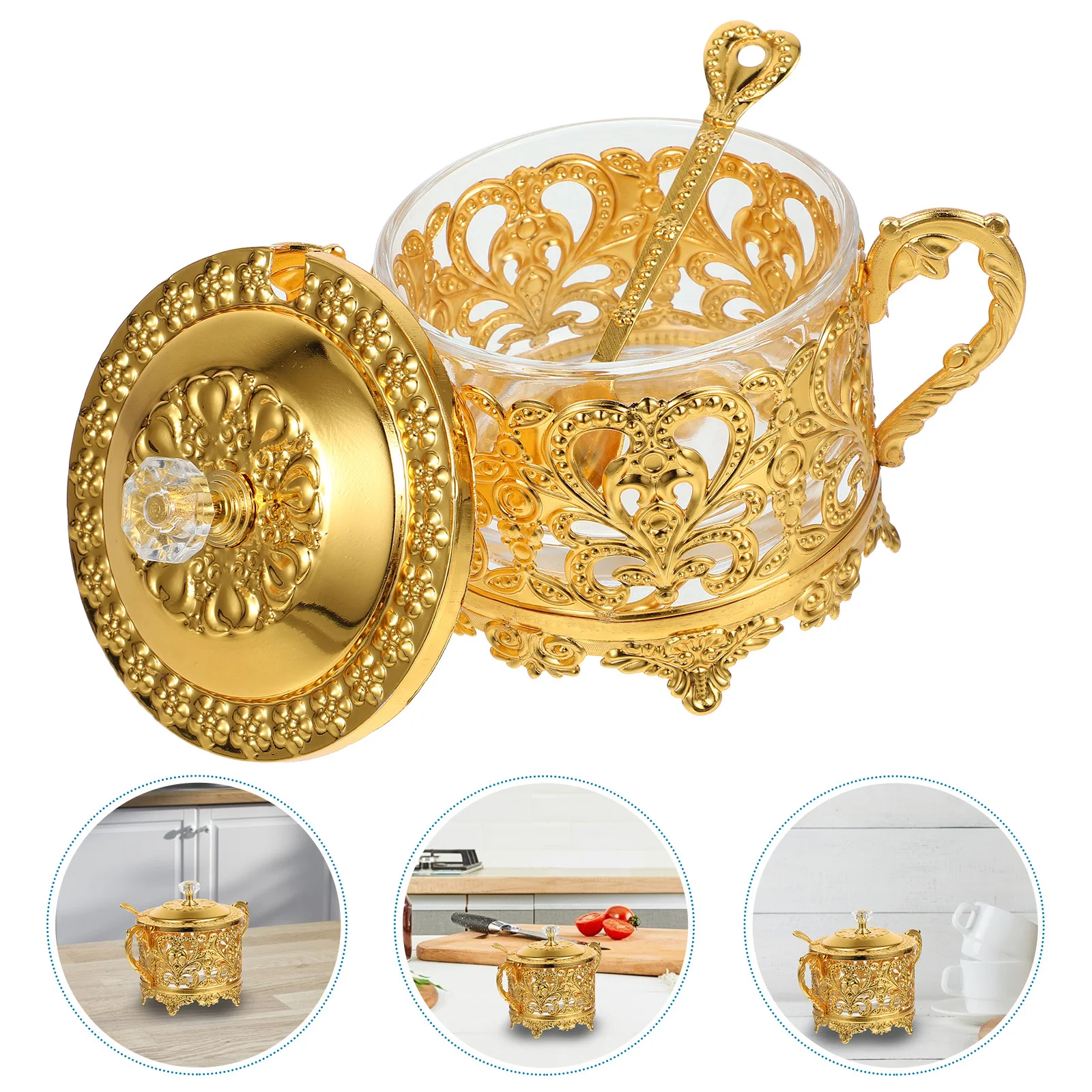 

Seasoning Jar Zinc Alloy Glass Embossed Design Kitchen Seasoning Container Lid Condiment Pot for Home Condiment Pot