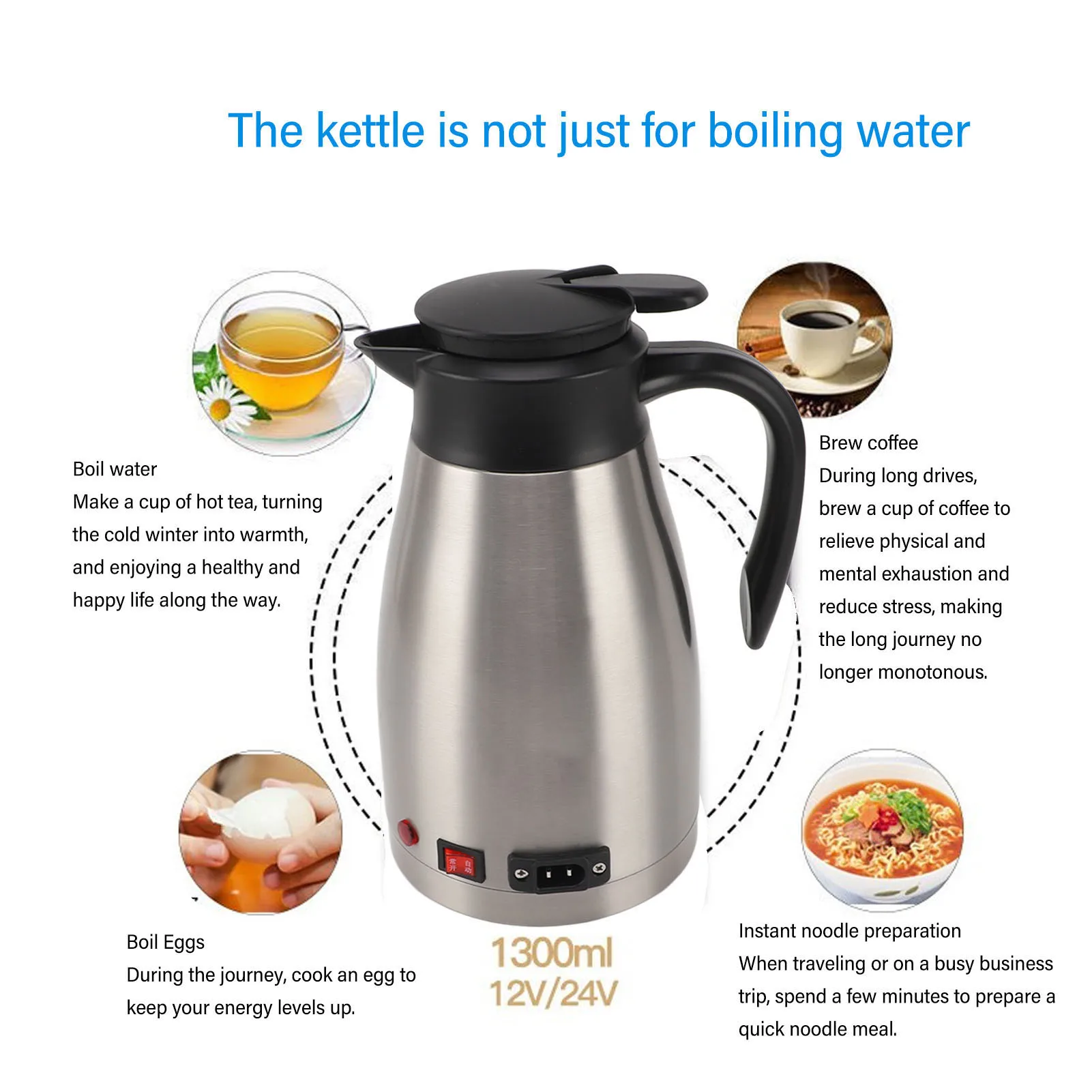 12V Electric Car Kettle Portable Stainless Steel 1300ML Large Capacity Electric Car Water Boiler for Outdoor Travel Car Kettle