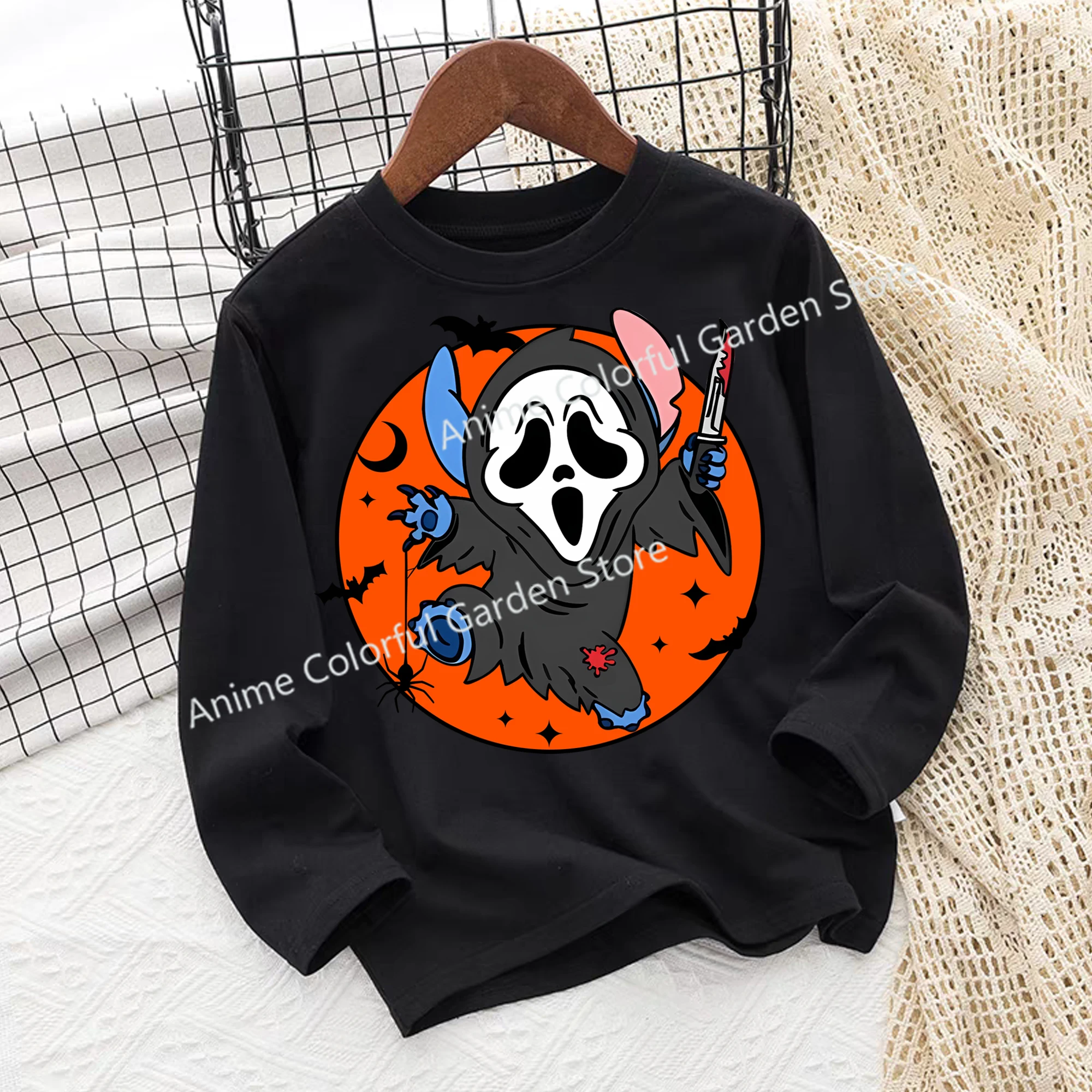 Halloween Disney Stitch Long Sleeved T-shirt for Children Anime Cartoon Funny Tops Festival Cosplay Kawaii Clothing Kids Clothes