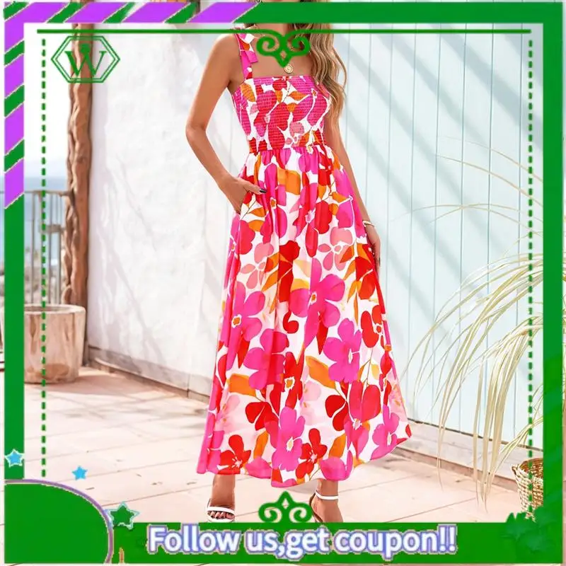 A18P-Vestiti estivi da donna Abito maxi smock floreale senza maniche Boho con cinturino per spaghetti A Line Flowy Beach Abito estivo lungo