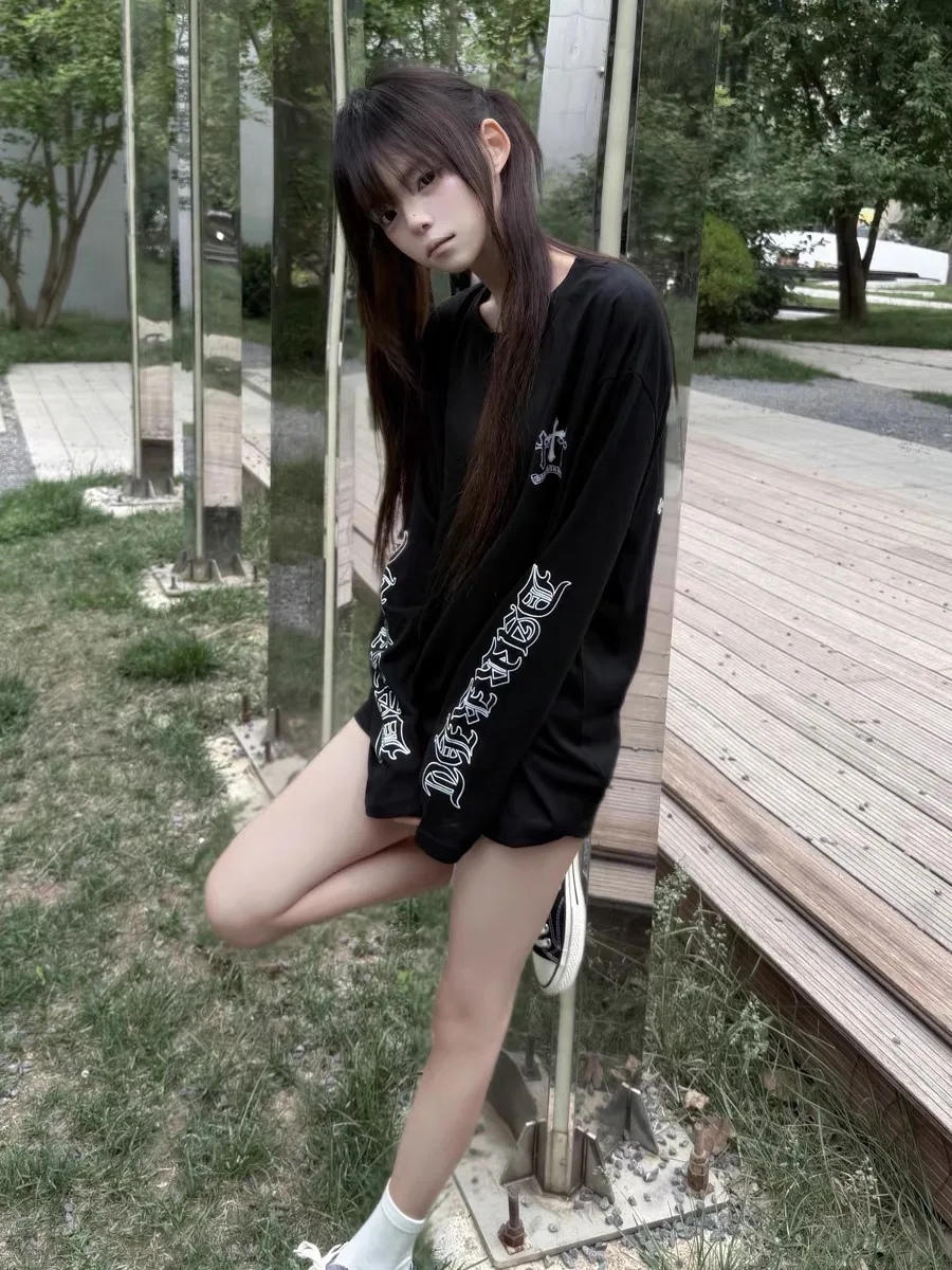 Loose Fit Sporty Long Sleeve T-Shirt Women's Summer Casual Wear Print Top Korean Style round Neck Moisture Wicking