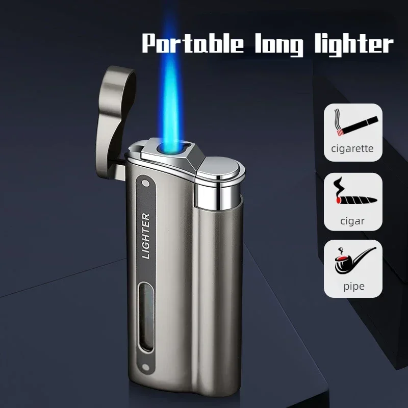 

New Cigar Igniter Windproof Blue Flame Lighter Metal Body Visible Transom Cigarette Lighters & Smoking Accessories Factory Sales