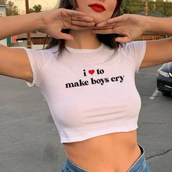Harajuku Letter i Love to Make Boy Cry yk2 aesthetic 2000s crop top Woman hippie graphic korean fashion goth t-shirts clothes