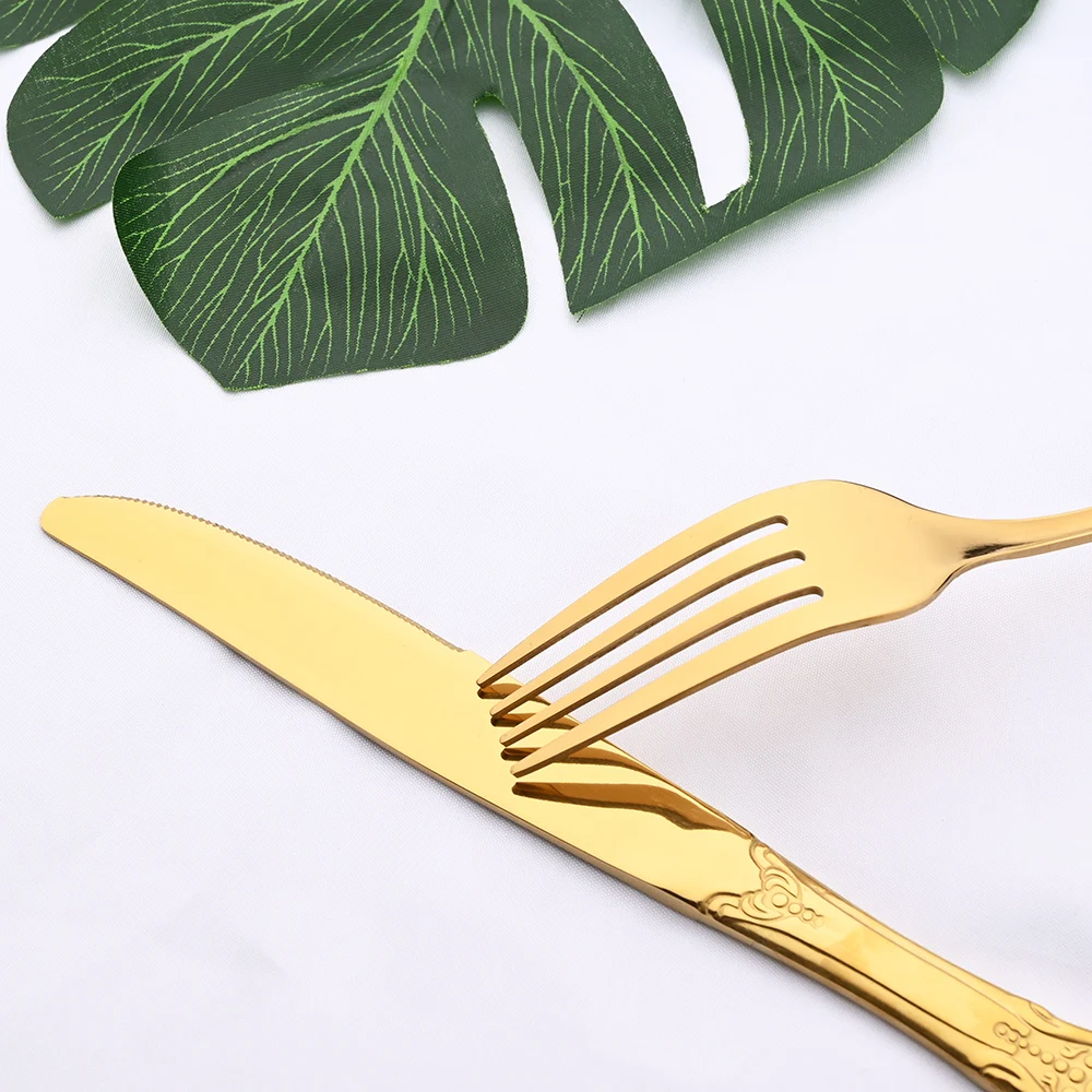 6/24Pcs Gold Luxury Dinnerware Mirror Stainless Steel Vintage Western Cutlery Set Tableware Knife Spoon Fork Cutlery Rack Set