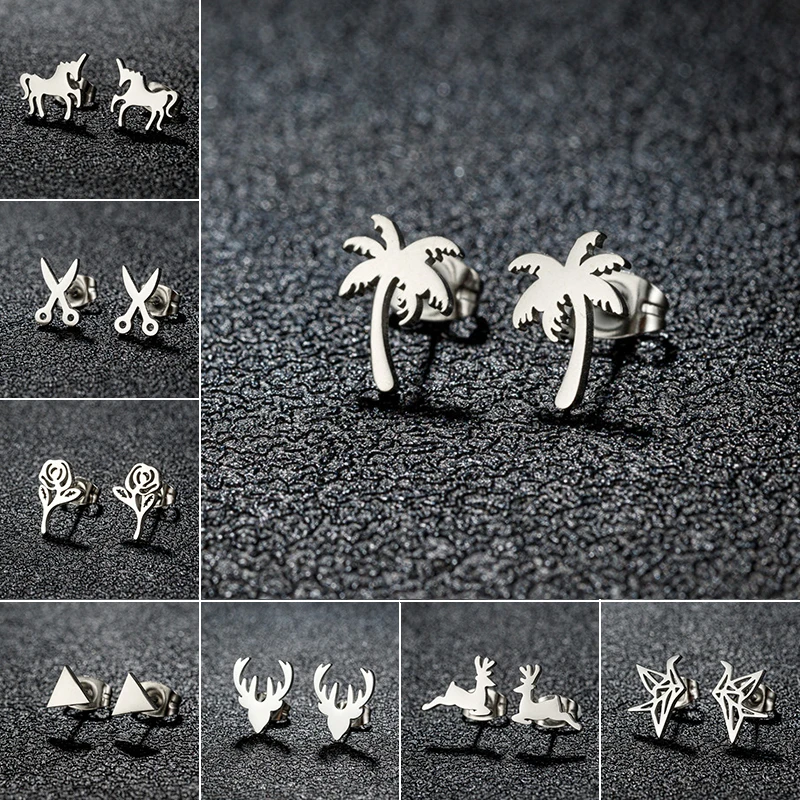 Bohemia Tropical Plant Coconut Palm Ear Studs for Women Punk Unicorn Scissors Triangle Ear Cartilage Earrings Silver Color 2024