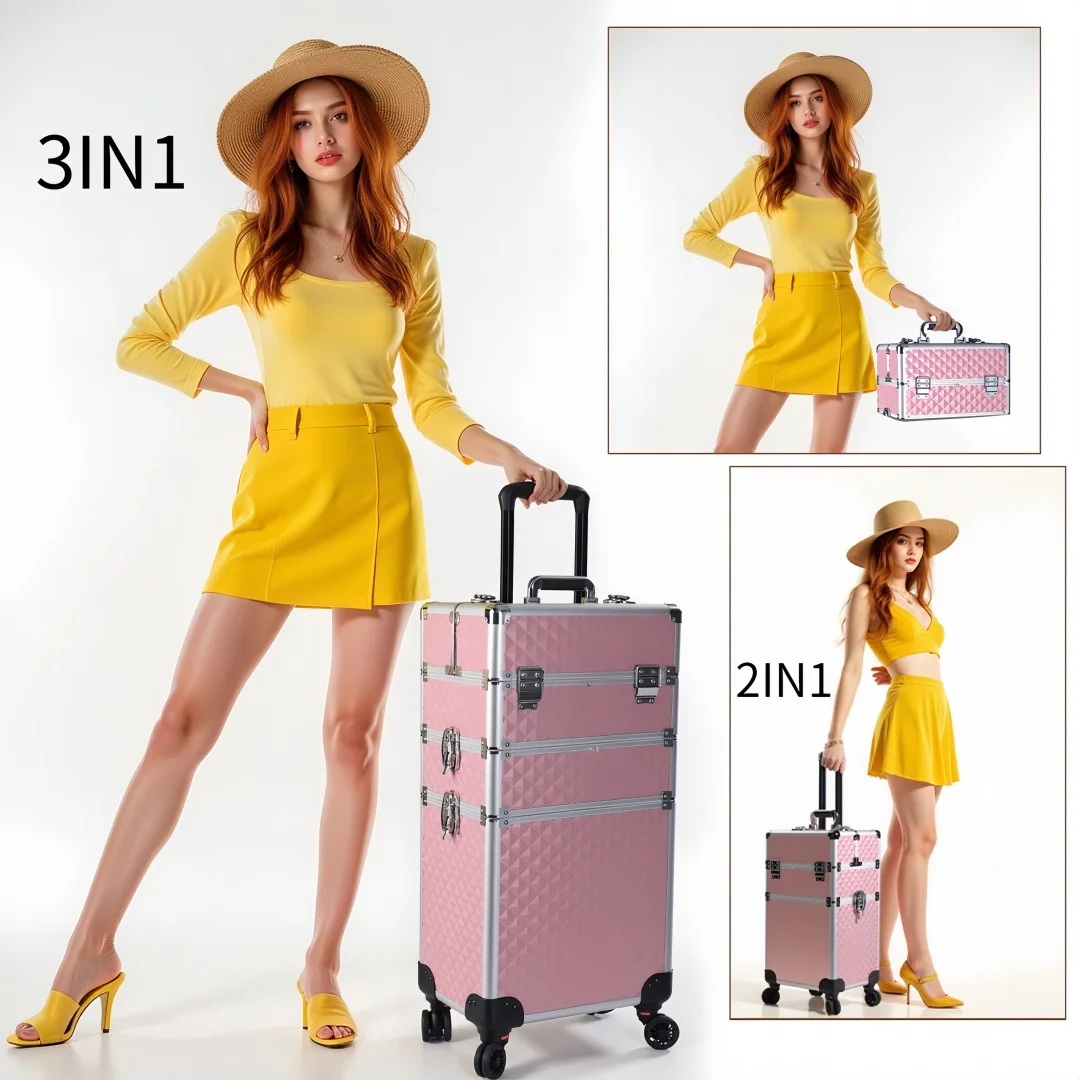 

Rolling Makeup Train Case Cosmetology Case on Wheels 4 in 1 Large Cosmetic Organizer Box Makeup Travel Case With Key Nail Artist