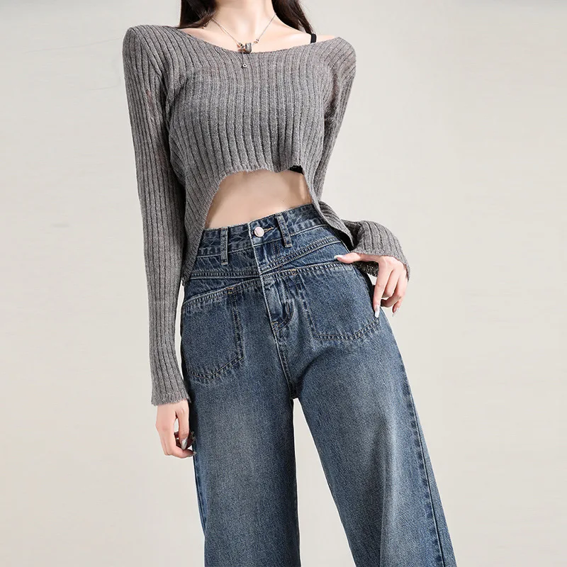 American Vintage Straight Jeans Women Blue High-waisted Splicing Pockets Loose Long Pants Streetwear Y2k Baggy Denim Jeans Women