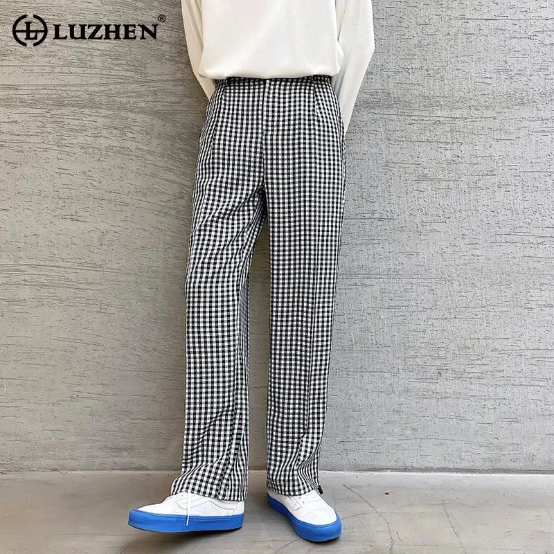 

LUZHEN 2026 Spring New Plaid Printed Korean Style Straight Casual Pants Men Fashion Handsome Elegant Nine Points Trousers JY6280