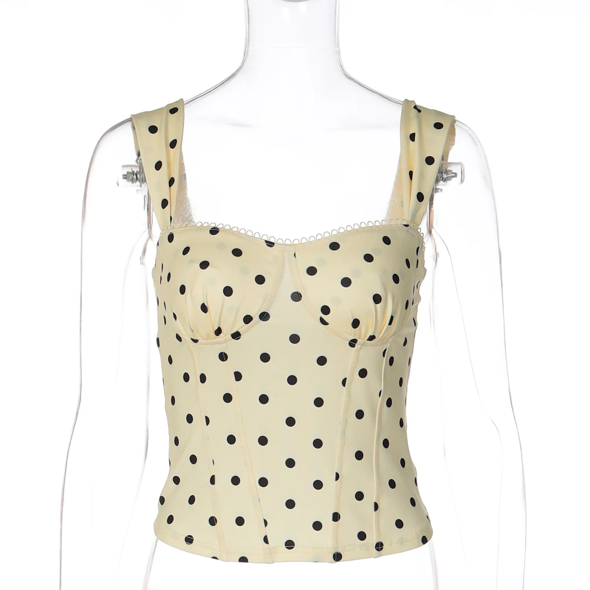 Hugcitar Polka Dot Print Straps Square Collar Backless Ruched Sexy Crop Tank Top Sommer Damen Elegant Y2K Outfit Party Urlaub – Detail 2