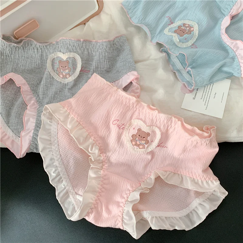 Japanese Kawaii Lolita Princess Ruffles Briefs ABDL Cartoon Bear Print Panties Large Size Adult Underwear Sweet Cute Lingerie