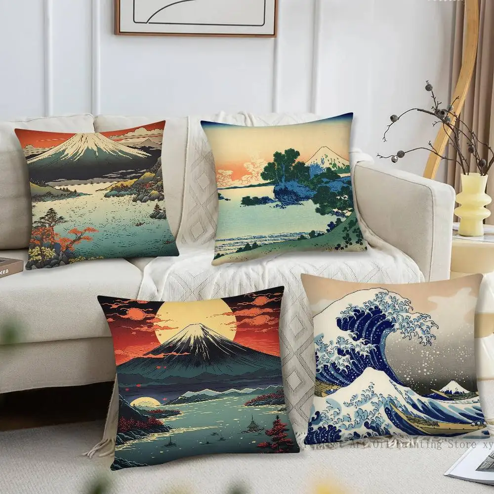 Japan Mount Fuji Ukiyo-e Retro Pillow Case Fashion Square Pillowcase Bedroom Sofa Room Ins Decoration Leisure