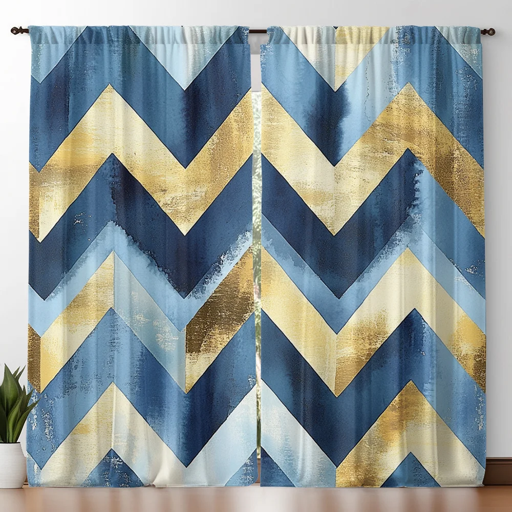 2pcs Blue and Golden Zigzag Geometric Print Curtains, Modern Art Style with Rod Pocket, Home Decor for Kitchen, Cafe, Living Roo