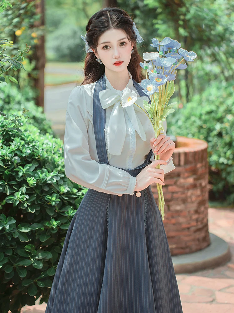 Vintage Lolita Style Two Piece Skirt Set Women Spring Autumn Bow Shirt and Strap Striped Long Skirts Outfits