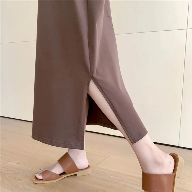 Luźna Elegancka Sukienka T-Shirt z Krótkim Rękawem i Haftem Damska Letnia Codzienna Rozcięcie Długa Spódnica Duży Rozmiar Koreański Okrągły Dekolt Wysoki Stan