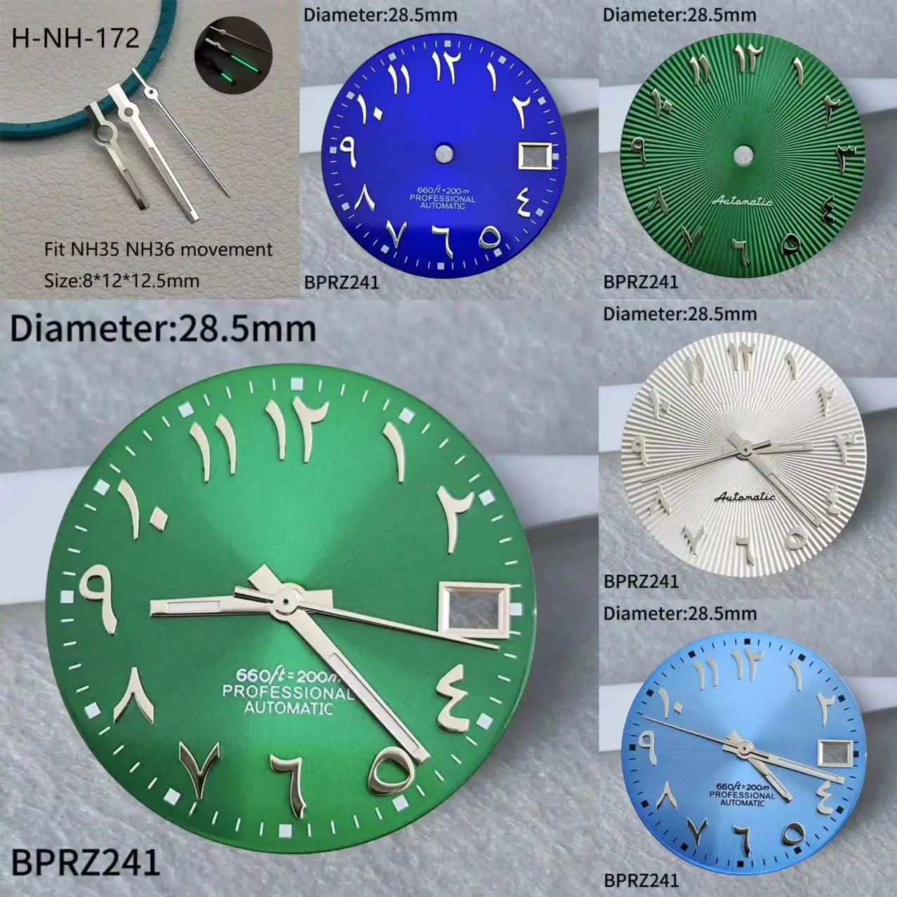 28.5mm S logo no luminous Arabic numerals dial Suitable nh dial 35 Movement accessories Watch repair tool blue green blue dial