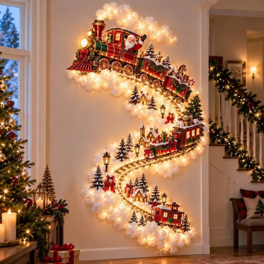 Xmas Magic Trail Wall Light Warm White Glow Snowman Santa Xmas Train Space-Saving Wall Art Ornament Christmas New Year Gift