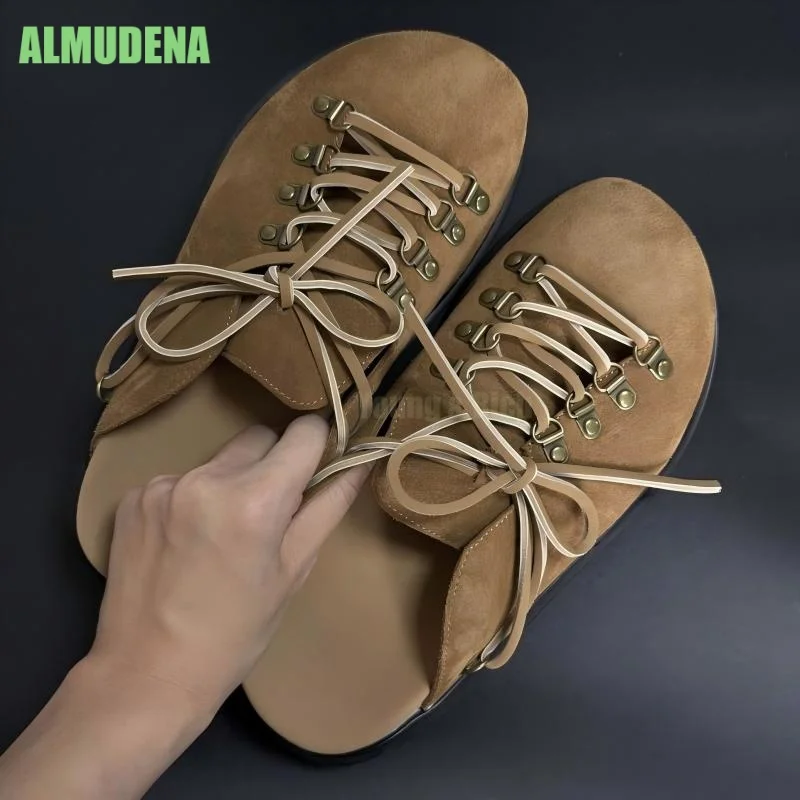 Male Slip On Mule Slides Smooth Suede Leather Multiple Metal D-ring Fasteners Round Toe Flat Sole Daily Outdoor Footwear