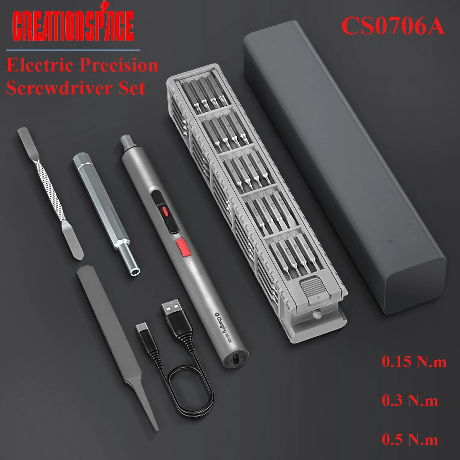 CreationSpace Electric Precision Screwdriver Set, 3.7V, 60 Magnetic Bits Type-C Charging, for Gamepads, Phones, Watches