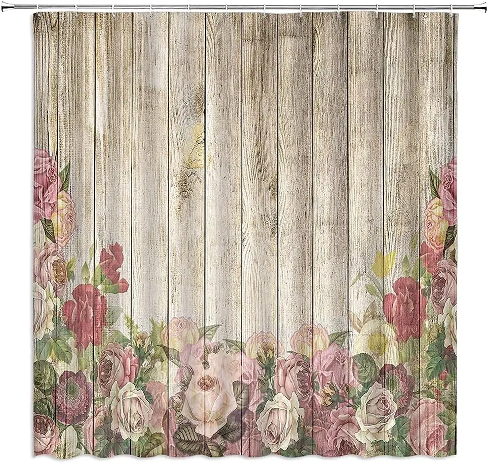 Flower Wooden Shower Curtain Vintage Shabby Barn Door Watercolor Peony Rose Flower Spring Bloom Country Bathroom Decoration