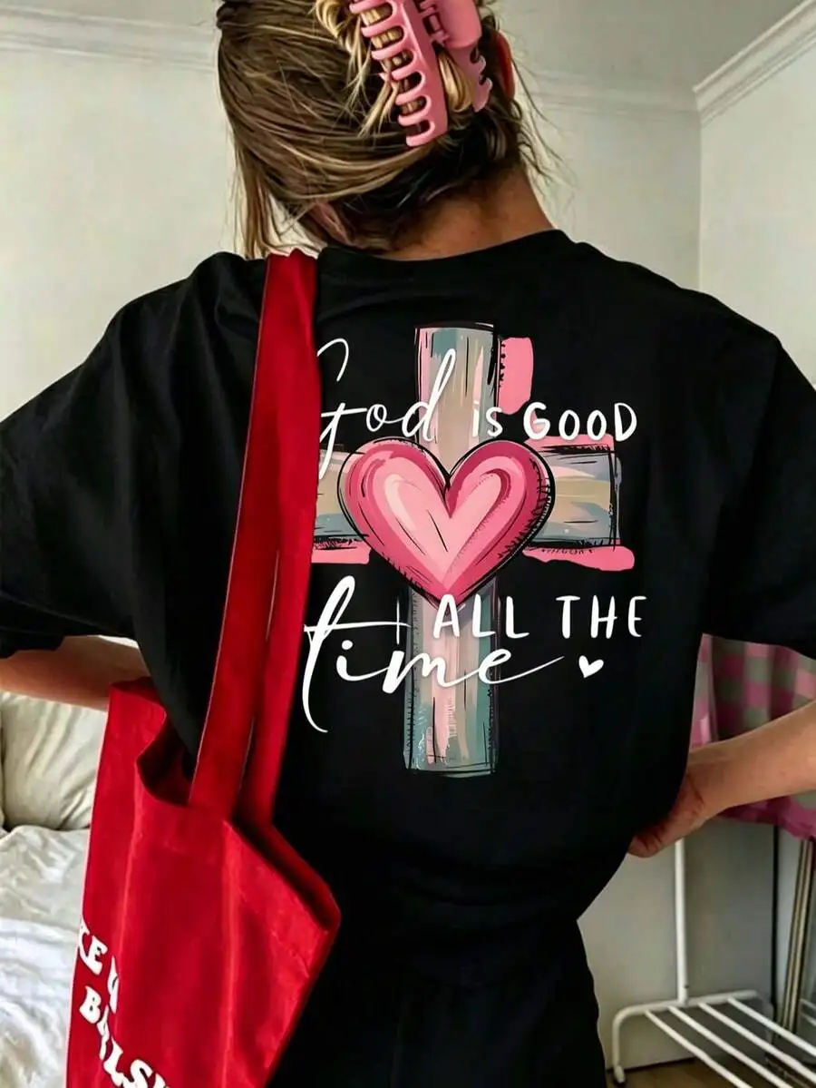 Women's Pink Pattern Short Sleeve T-Shirt With Cross And Heart Print, Loose Fit, Fashionable Versatile Crew Neck Top For Summer Casual