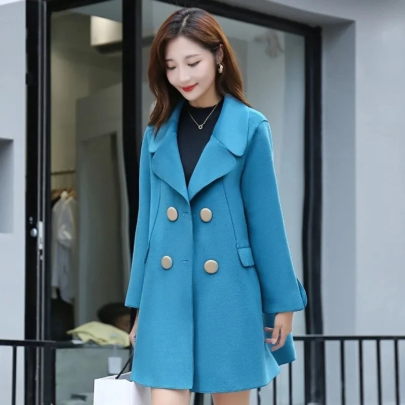 Vintage Green Woolen Suit Jacket Women's Winter Thickening Blazer 2023Waist Long Temperament Self-Cultivation White Woolen Coat