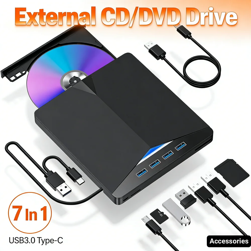 

7-in-1 USB 3.0 TypeC External CD DVD RW Optical Drive Plug-and-Play Slim for Windows 11/10/8/7/Linux/ OS