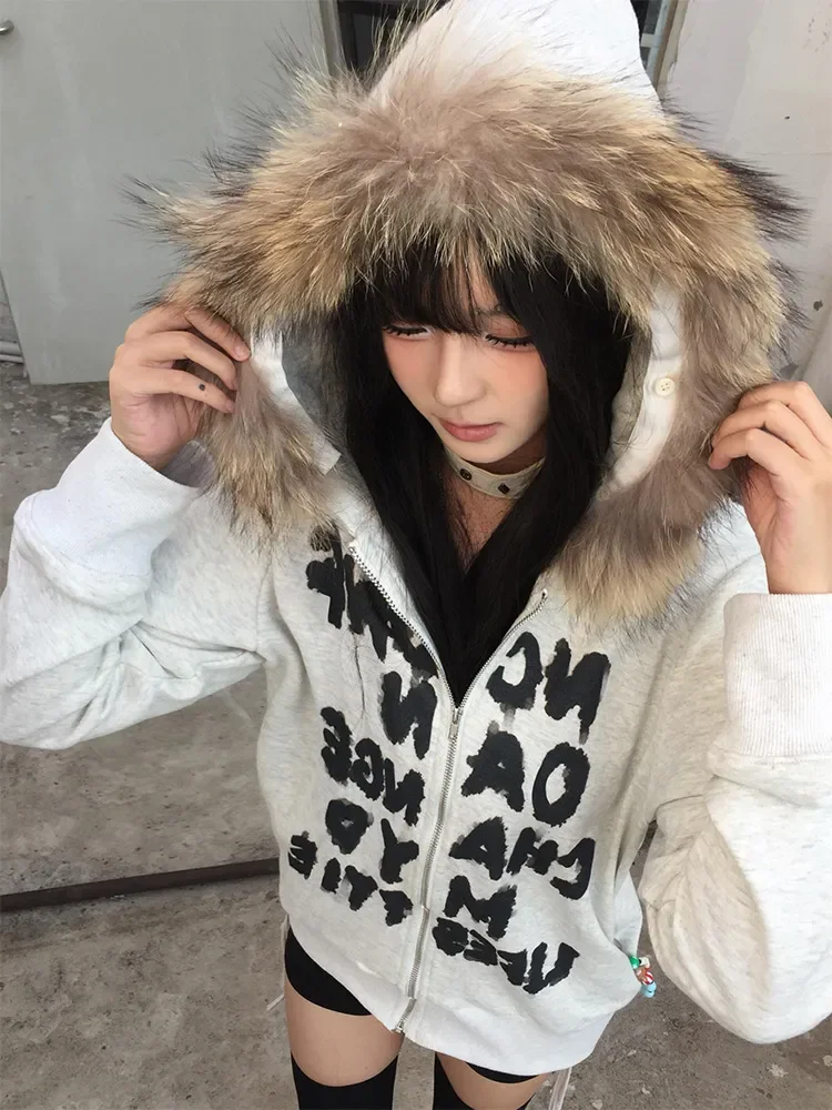 Retro Luxury Fur Hair Hooded Sweatshirt Zipper Short Jacket High Street Women Fashion Cardigan Coats Hip Hop Letter Printed Y2K