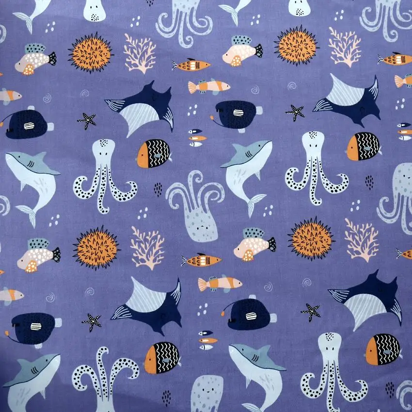 Syunss-Ocean World Printed Cotton Fabric, Patchwork Cloth for Quilting, Baby Cribs, Cushions Dress, Sewing Tissues