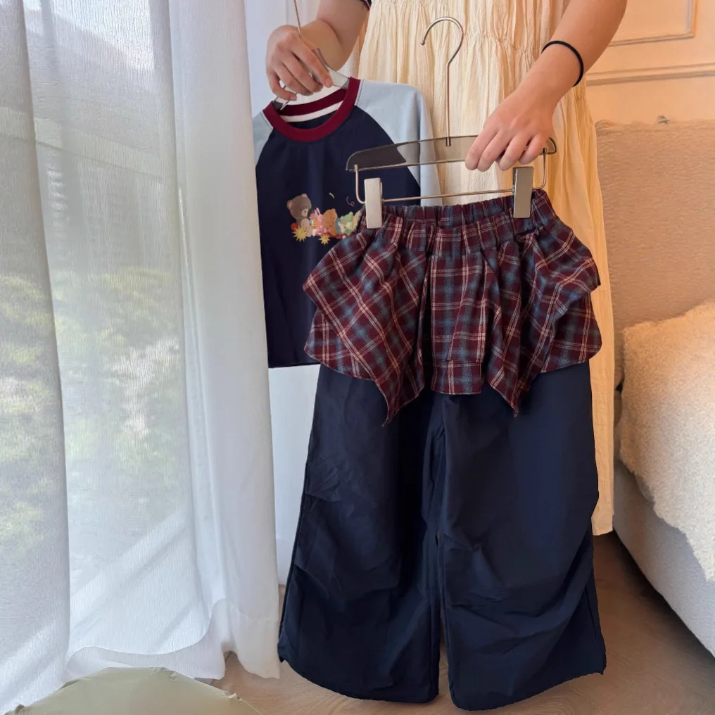 2025 جديد الكورية موضة الفتيات السراويل الخريف خمر عادية اليومية منقوشة سروال فستان فو قطعتين بنطلون للأطفال 2-8Y #1