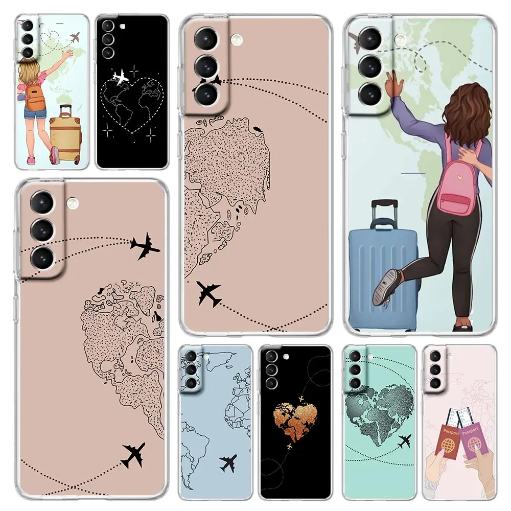 

Fashion Planes World Map Travel Phone Case For Samsung Galaxy S23 Ultra S22 5G S20 S21 FE 5G S10E S9 S8 S10 Plus Clear Cover
