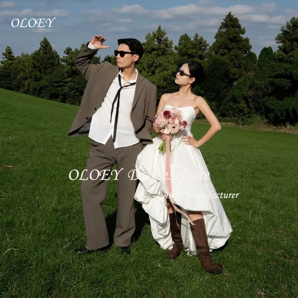 

OLOEY Customized Simple Ivory Taffeta Hi-Lo Wedding Dresses Korea Wedding Snap Dresses Photos shoot Strapless Bridal Gowns